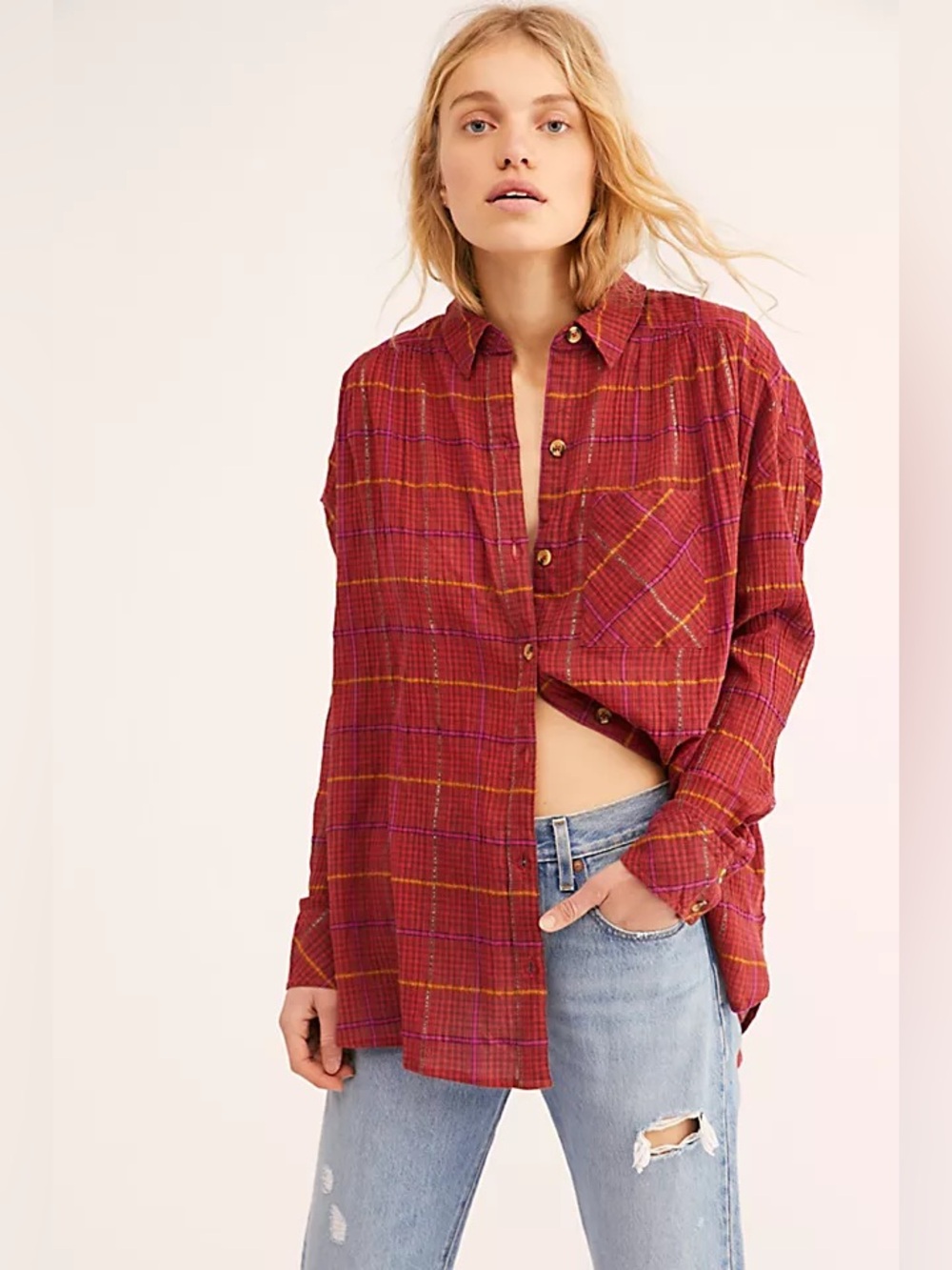 Free People Break My Stride Buttondown Top Flowy Tunic Size S Western-Boho